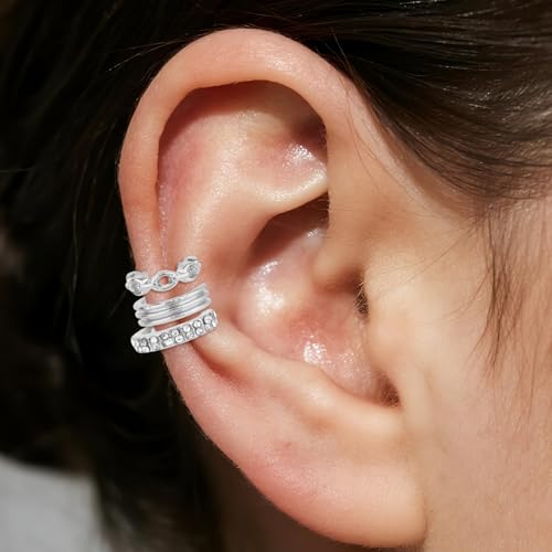 12pcs Silver Ear Cuffs Non Piercing, Alloy Non Pierced Clip on Cartilage Adjustable Stylish Fake Earrings for Women