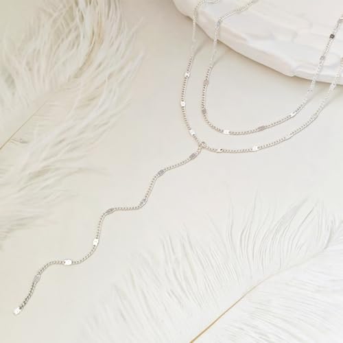 HERIER Lariat Gold Necklace for Women, Dainty Long Necklace 14k Gold Plated/Silver Y-Shaped Layered Beaded Chain Drop Necklaces for Women Trendy Simple Gold Jewelry for Women Gifts - color: Y Layered Bar-Silver