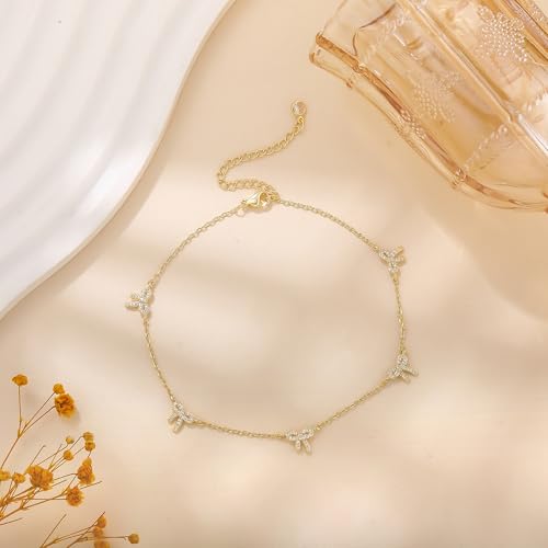 Anklets for Women Waterproof 14K Gold Plated Beach Ankle Bracelets | Dainty Summer Butterfly Clover Anklet Non Tarnish, Heart Bow Anklet, Layered Beach Jewelry, Accessories for Women Trendy - color: Gold 5