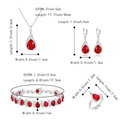 Jewelry Set for Bride, Sparkling Water Drop Cubic Zirconia Crystal Pendant Necklace Leverback Earrings Tennis Bracelet Adjustable Ring Gift for Wedding/Birthday/Mother's Day/Christmas - color: 14-Ruby Color