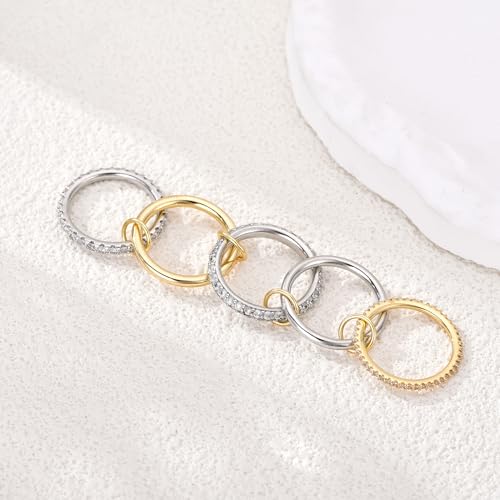 14K Gold Interlocking Stackable Rings for Women – Silver Gold Stack Ring Set with CZ, Two Tone Interlocked Stacked Ring, Multi-layer Statement Ring Jewelry - color: 14K Gold&Silver CZ(5Layer), size: 10
