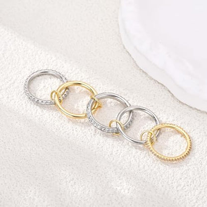 14K Gold Interlocking Stackable Rings for Women – Silver Gold Stack Ring Set with CZ, Two Tone Interlocked Stacked Ring, Multi-layer Statement Ring Jewelry - color: 14K Gold&Silver CZ(5Layer), size: 5