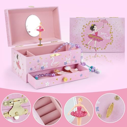 Music Jewellery Box with Drawer Necklace Bracelet, Musical Jewelry Storage Case with Spinning Ballerina Gift Set for Kids Girls Children Daughter (Pink Ballerina) - color: Pink Ballerina