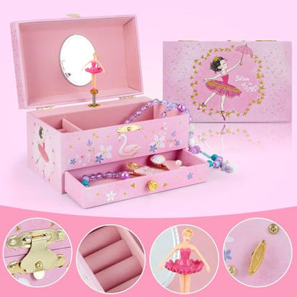 Music Jewellery Box with Drawer Necklace Bracelet, Musical Jewelry Storage Case with Spinning Ballerina Gift Set for Kids Girls Children Daughter (Pink Ballerina) - color: Pink Ballerina