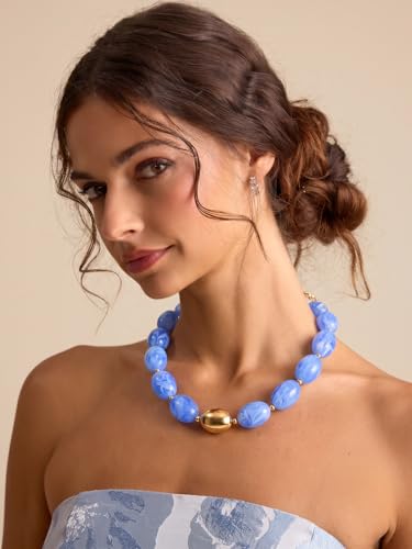 Chunky Beaded Necklaces for Women Statement Necklace | Bold Chunky Choker, Large Resin Beads, Adjustable Necklace, Boho Trendy Summer Beach Holiday Jewelry - color: Blue-04