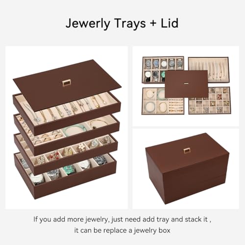 Voova Stackable Jewelry Organizer Tray with Lid (Set of 4, Coffee) | Stackable PU leather jewelry trays with drawer inserts for earrings, rings, necklaces, bracelets and watches; set of 4 - color: Caramel Brown