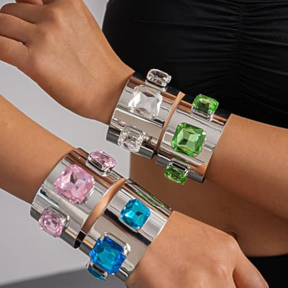 Punk Square Crystal Open Bracelet for Women Fashion Wide Cuff Bangle Bracelets Shiny Rhinestone Rectangle Charm Bangle Geometric Statement Jewelry Gifts - color: White