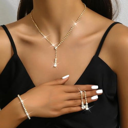 MIFYNN Rhinestone Wedding Set for Women Sparkle Crystal Earrings Necklace Bracelet Jewelry Set Wedding Party Prom Jewelry Set for Brides Bridesmaid - color: Gold