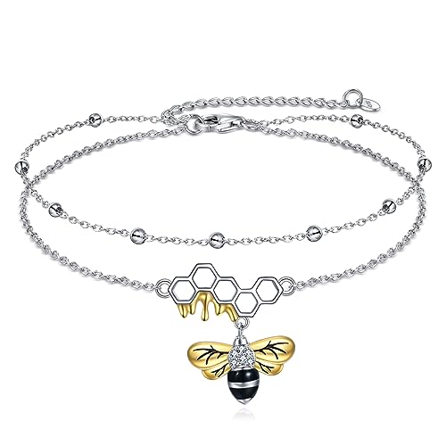 YAFEINI Anklet Bracelets for Women Girls Sterling Silver Hummingbird/Dragonfly/Butterfly Link Chain Anklets Jewelry Gifts - color: Layered bee anklets