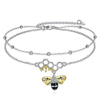 YAFEINI Anklet Bracelets for Women Girls Sterling Silver Hummingbird/Dragonfly/Butterfly Link Chain Anklets Jewelry Gifts - color: Layered bee anklets