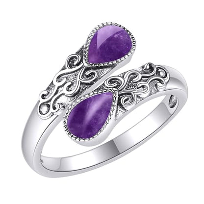 Ring for Women Sterling Silver Adjustable Band Open Rings Jewelry Gifts for Girls - style: Amethyst