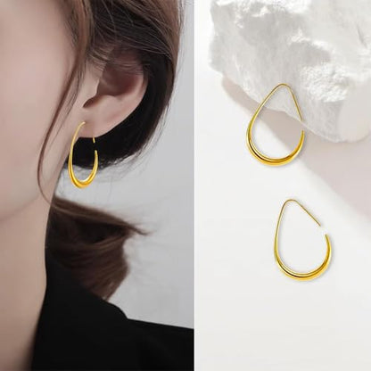 Teardrop Hoop Earrings for Women Gold Silver Plated Hypoallergenic Oval Pull Through Hoop Earrings Jewelry Gift - color: Gold