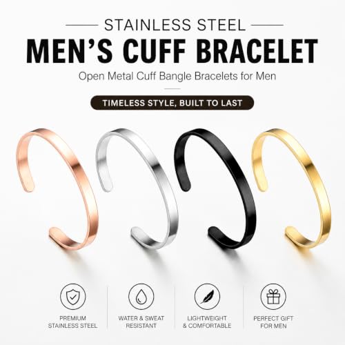 Stainless Steel Mens Cuff Bracelet-Open Metal Cuff Bangle Bracelets for Men,Mens Bracelet Jewelry Gift - color: silver