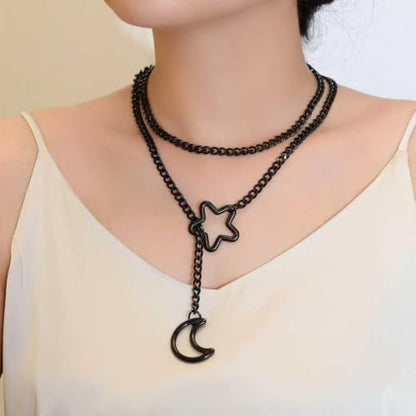 Heart Slip Chain Necklace for Women, 36 Inch Gothic Punk Cuban Chain, Removable Black Heart O-Ring, Detachable Heart Pendant, Adjustable Stainless Steel Y-Necklace. - color: star moon