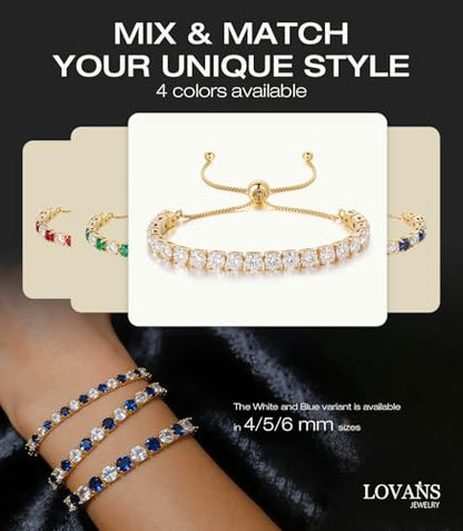 Lovans 14K Gold Plated Tennis Bracelets,White/Yellow/Rose Gold-plated Adjustable Cubic Zirconia Tennis Bracelet for Women - color: Gold, size: 4MM White