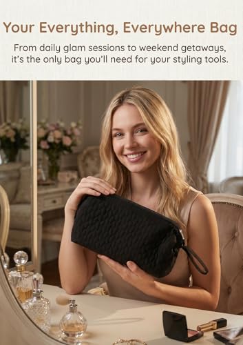 TeeYee Nylon Hair Tools Travel Bag for Dyson Airwrap Quilted Toiletry Bag | Travel Storage Bag for Shark Flexstyle/Curling Iron,Water-repellent,Wide-open,Well-structured,Heat-safe lining,002black - color: 002Black