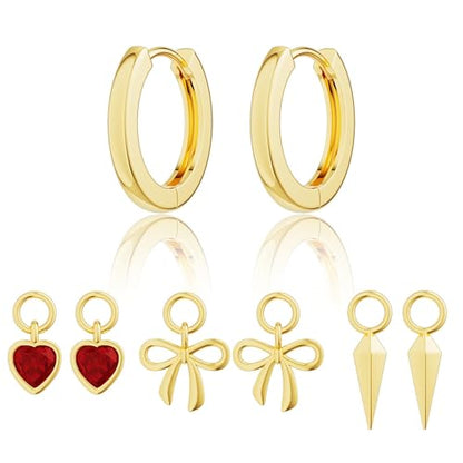 Freekiss Gold Huggie Earrings with 3 Charms for Women | 14K gold-plated huggie hoops with cherry, bow, and pearl charms for interchangeable daily styling, parties, and gifts - color: Heart Bow Spearhead-GD