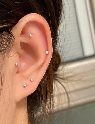 20G 18G 16G Titanium Flat Back Nose Rings Studs Hypoallergenic Lip Labret Monroe Medusa Internally threaded Tragus Cartilage Helix Earrings Studs Piercing Jewelry for Women Men 6mm 8mm 10mm - color: 16G -Flat Back With Screw on Tops-Clear CZ