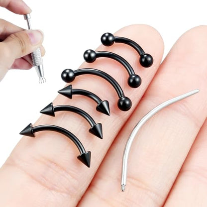 Internally Threaded Eyebrow Piercing Jewelry Surgical Steel Tiny Eyebrow Rings Vertical Labret Lip Jewelry Small Ear Rook Earring for Women Men 18g 16g 14g Plus Piercing Ball Grabber Tool - color: black, size: 16g,ball+spike end