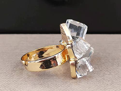 Hebelee Boho Square Crystal Statement Ring for Women Adjustable | Gold-Toned Expandable Promise Engagement Geometric Rings Comfort Fit Elegant Art Deco Christmas Cocktail Y2K Jewelry - color: White