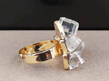 Hebelee Boho Square Crystal Statement Ring for Women Adjustable | Gold-Toned Expandable Promise Engagement Geometric Rings Comfort Fit Elegant Art Deco Christmas Cocktail Y2K Jewelry - color: White