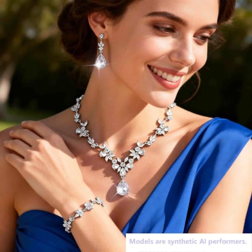 Kamirola Bridal Jewelry Set, Jewelry Set for Women, Necklace Dangle Earrings Bracelet Set, White Gold Plated (TR76) - color: Silver White