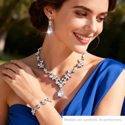 Kamirola Bridal Jewelry Set, Jewelry Set for Women, Necklace Dangle Earrings Bracelet Set, White Gold Plated (TR76) - color: Silver White