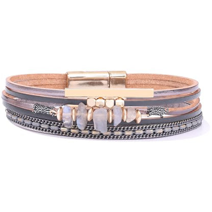 Boho Gemstone Beaded Leather Wrap Bracelets Stackable Chunky Cuff Bracelet Western Jewelry Cowboy Chic Country Concert Outfits for Women - color: Grey