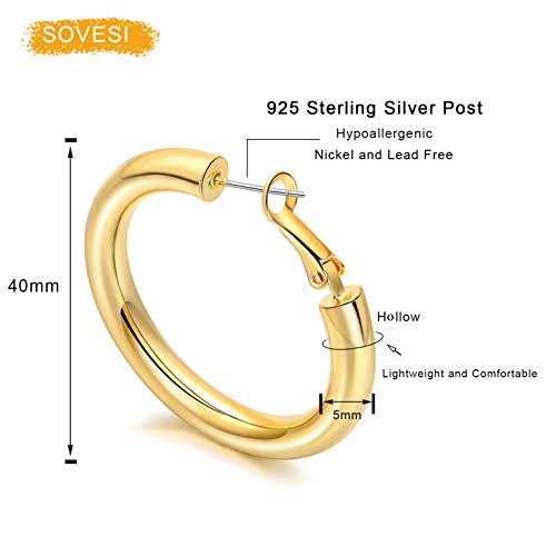 sovesi Chunky Hoop Earrings for Women, 14K Gold Plated Thick Hoops | 5mm Thick Hollow Tube Chunky Lightweight Hypoallergenic Hoop Earrings for Women - style: Rose Gold 40MM