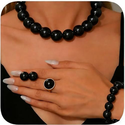 xuzhiyuan Statement Pearl Jewelry Set for Women - Includes Necklace, Bracelet, Earrings, and Ring | Colorful Faux Pearl Fashion Jewelry Set for Party, Wedding, Daily Wear - color: Black