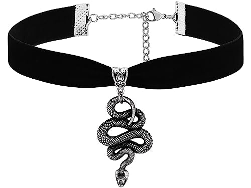 Snake Choker Necklace, Gothic Goth Choker, Goth Emo Punk Grunge Jewelry | Stainless steel and soft velvet, 12.6 in & 3 in extender chain, Gothic Emo Punk Grunge Jewelry, Halloween Costumes Jewelry