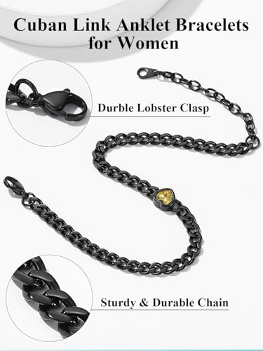 ChainsHouse Cuban Chain Anklets for Women with Heart Birthstone Jan - Dec | Stainless Steel Black Link Chain Ankle Bracelet with Birthstone, Beach Women Anklet 22cm-27cm Adjustable, with Gift Box - color: 01. Jan.-Red Garnet-Black