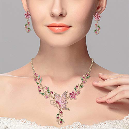 EleQueen Women's Crystal Butterfly Flower Leaf Necklace Earrings Set | Crystal Jewelry Set for Brides Bridesmaids, Necklace Set for Party - color: Gold-Tone Pink