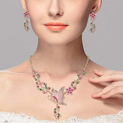 EleQueen Women's Crystal Butterfly Flower Leaf Necklace Earrings Set | Crystal Jewelry Set for Brides Bridesmaids, Necklace Set for Party - color: Gold-Tone Pink
