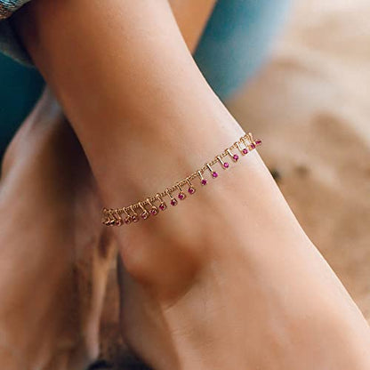 Gold Anklets for Women 14K Gold Plated Tiny Bead Anklet Colorful Tassel Foot Chain Dainty Adjustable Cute Summer Beach Boho Anklets Jewelry Gift - color: nano rose