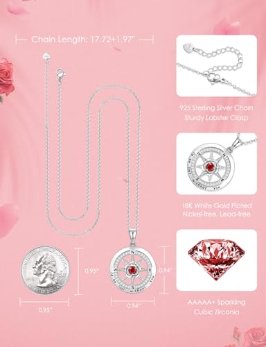 Meeshi Silver Compass Necklace for Women Birthday Gifts for Wife Anniversary Necklace for Women Rose Flower Birthstone Necklaces for Wife Jewelry for Womens Girlfriend Mom Daughter - style: 01-January-Garnet