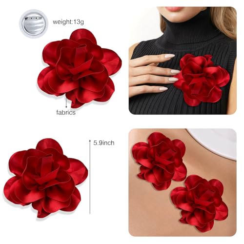 2Pack 6inch Extra Large Satin Brooches Lapel Pins Dainty Elegant Fabric Camellia Rose Flower Brooch Pin for Women Wedding Part Dance Clothes Accessories Jewelry - color: Red