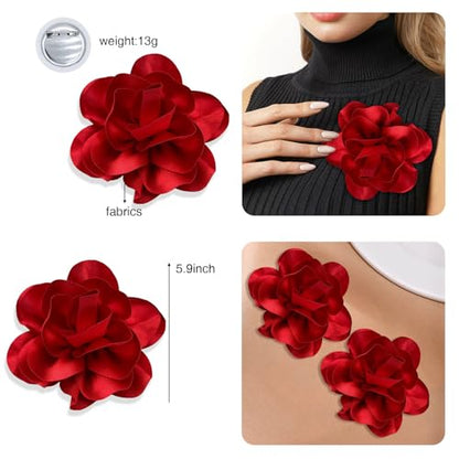 2Pack 6inch Extra Large Satin Brooches Lapel Pins Dainty Elegant Fabric Camellia Rose Flower Brooch Pin for Women Wedding Part Dance Clothes Accessories Jewelry - color: Red