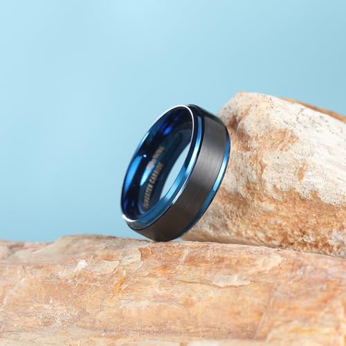 King Will Mens Brushed Wedding Band, Two Tone Matte Step Edges/Pipe Cut, Tungsten Carbide Anniversary Promise Rings Comfort Fit - color: Black&Blue-8mm