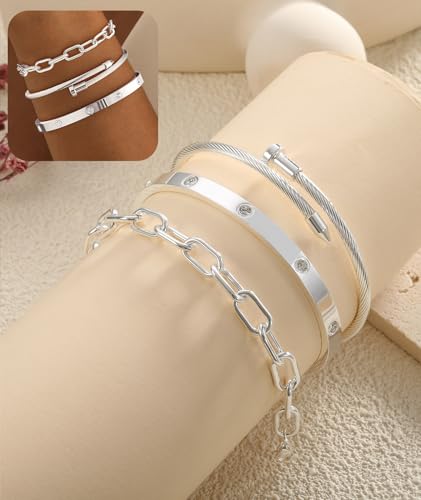 ZOERAY Silver Gold Bangle Bracelets for Women Non Tarnish 14k Gold Plated Stackable Cuff Bracelets for Women Trendy Cubic Zirconia Stainless Steel Chunky Bracelet Stack Set Waterproof Jewelry Gifts - color: E.Paperclip-Silver