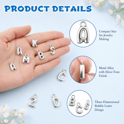 26PCS Letter Silver Charms for Jewelry Making, Silver A-Z Bubble Alphabet Charm Pendants, Bubble Letter Initial Charms for DIY Bracelets Necklaces Earrings Craft Supplies