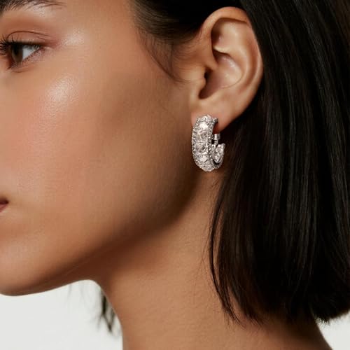 Sonateomber Gold Chunky Crystal Hoop Earrings for Women, Trendy Statement Sparkly CZ Rhinestone Thick Open Hoops Earings Hypoallergenic Wedding Prom Everyday Accessories Fashion Jewelry Gift - color: Silver CZ