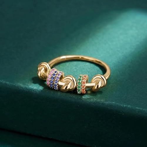 14K Gold Plated Plated Anxiety Spinner Ring for Women,Simulated Diamond CZ Rainbow Fidget Ring, Knot Design Stress Relief Finger Knuckle Ring, Thin Statement Cocktail Promise Ring Jewelry Gift