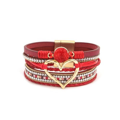 Fuqimanman2020 Heart Leather Wrap Bracelets Boho Stackable Cuff Bangles Resin Stone Rhinestone Bracelets with Clasp Christmas Jewelry Gift for Women - color: Red
