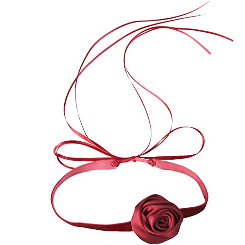 Black Choker Camellia Flower Lace-up Necklace For Women - color: Red ribbon rose
