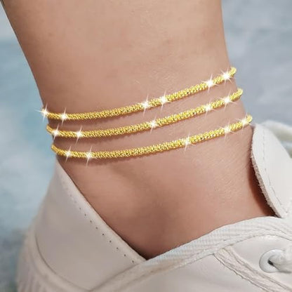 Nanafast Women's Ankle Bracelets, Sparkling Multi-layer Anklet Bracelets for Women, Adjustable Shiny Gold/Silver Anklets for Women, Beach Cute Anklets Jewelry for Summer - color: 3layersGold