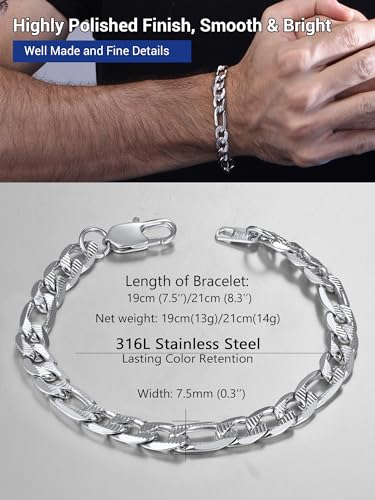 PROSTEEL Bracelets for Men, Figaro/Cuban Mens Bracelet, Silver/Gold/Black | 6/9/13mm Width, 7.5/8.3/9" Length, Stainless Steel Mens Bracelet, Durable & Non Tarnish, Chunky Jewelry with Gift Box - style: D 7.5mm-Figaro-Silver-Textured