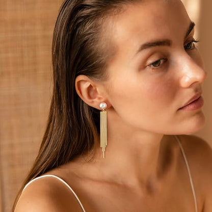 Robaice 14K Gold Plated Dangle Earrings for Women, Long Drop Earrings | Dainty Tassel Earrings Trendy, Hypoallergenic Dangling Lip Block Snake Chain, Threader Earrings for Women, Jewelry Gifts - color: Gold 1