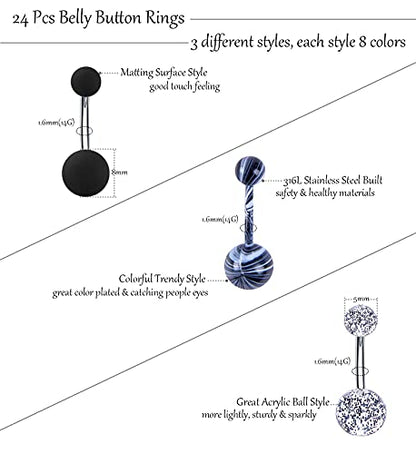 24-50Pcs 14G Stainless Steel Belly Button Rings for Women CZ Screw Navel Bars Body Piercing Jewelry - color: Stainless Steel