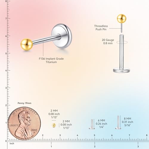 limerencia Titanium Threadless Flat Back Earrings Stud Piercing Jewelry | 20G Press Fit Titanium Push Pop in Cartilage Tragus Labret Lip Medusa Conch Piercing Jewelry Hypoallergenic for Women Men - style: 2MM Ball Gold